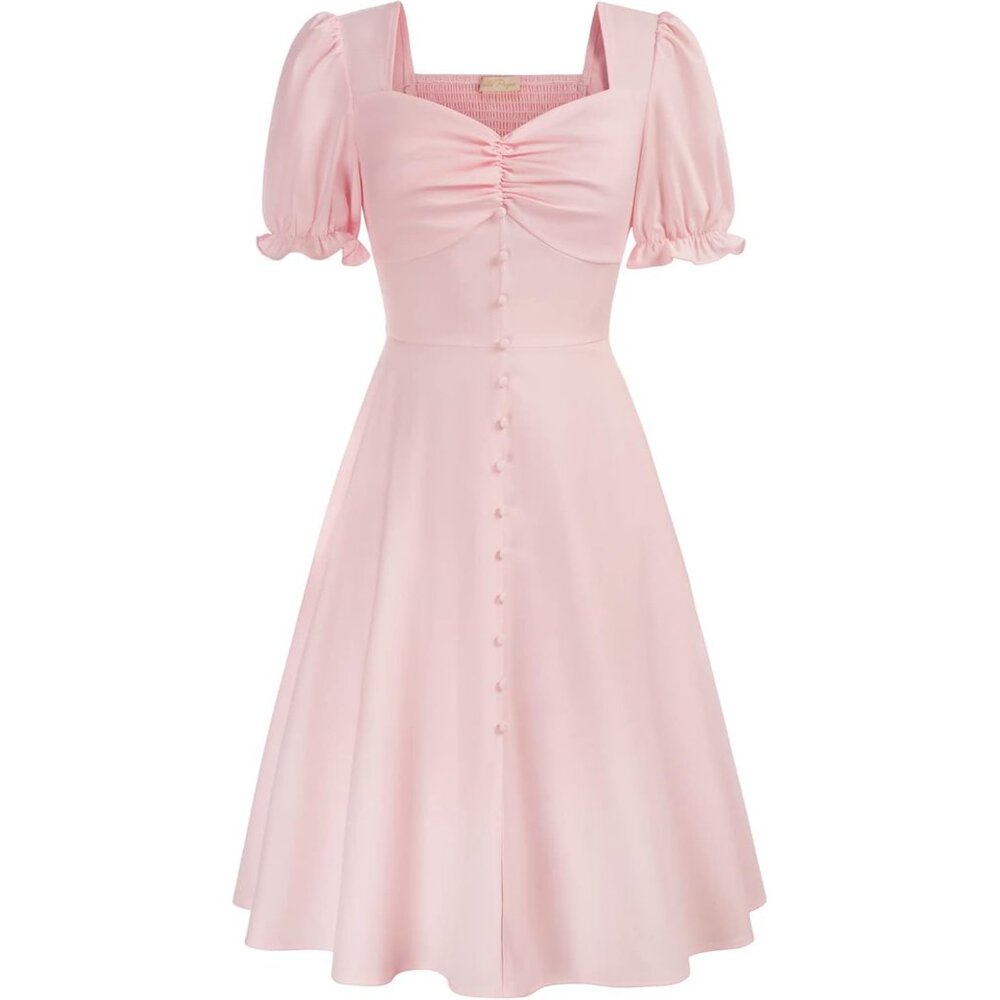 Vintage Puff Sleeve Swing Dress Polyester 50s Style Above Knee Occasion